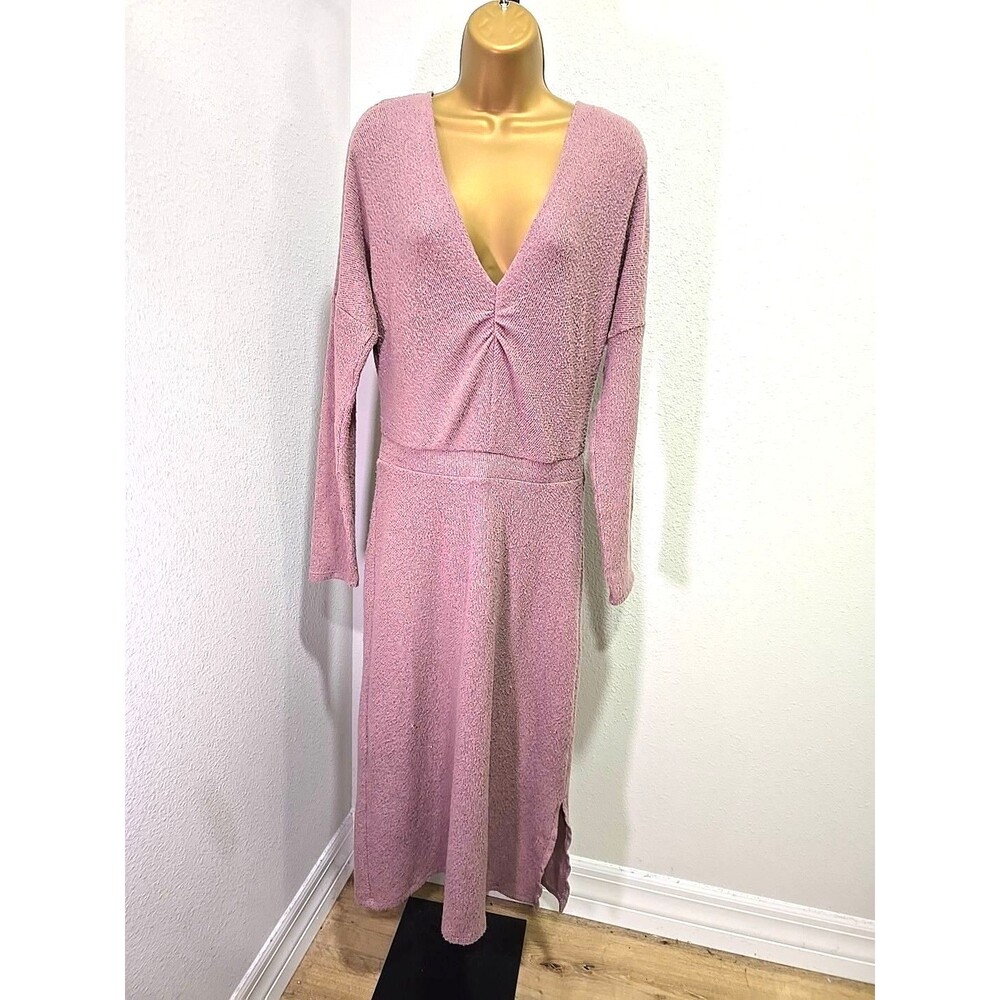 Eri Ali Anthropologie V Neck Knit Midi Sweater Dress Med Lavender Mauve Romantic